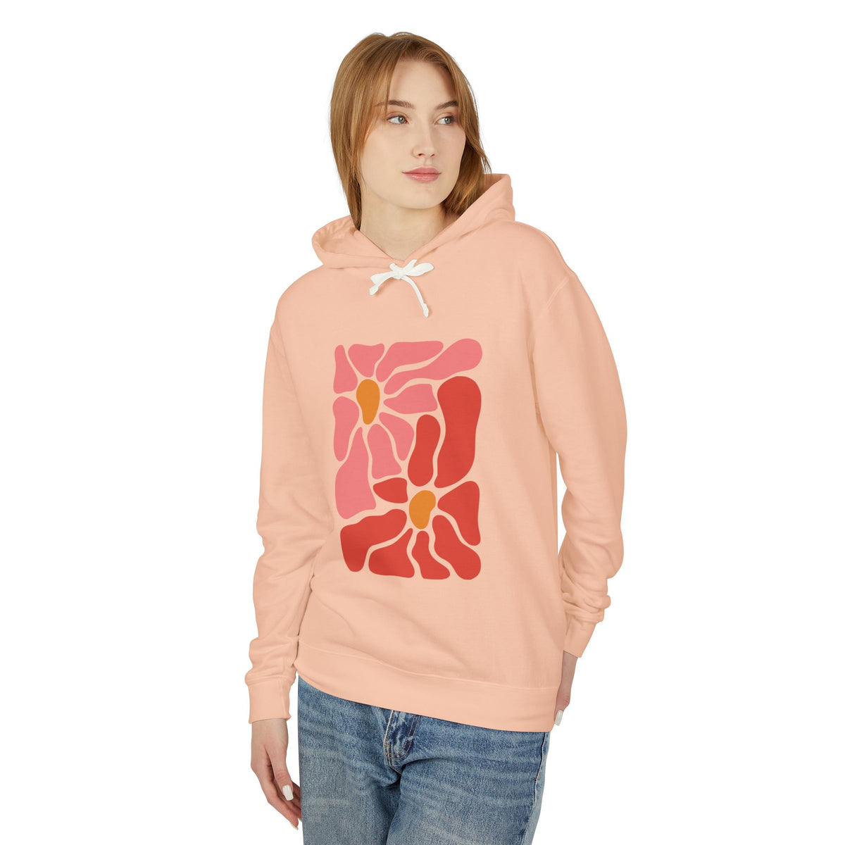 Pink Retro Flower Graphic Lightweight Women's Hooded Sweatshirt