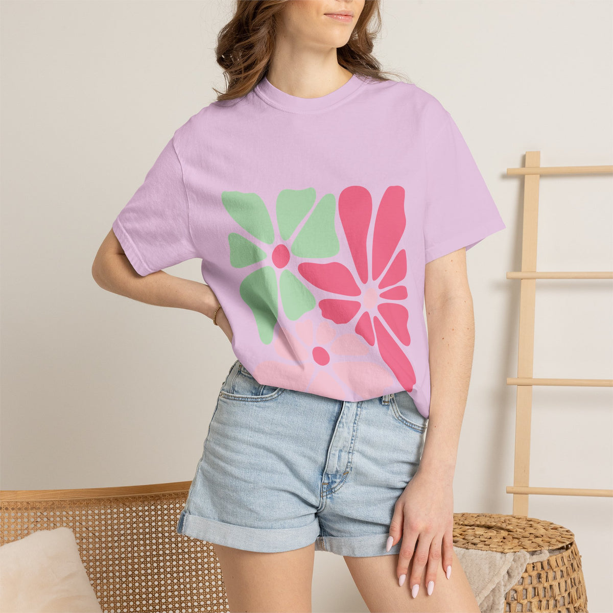 Floral Retro Block Print Garment-Dyed Women's T-Shirt