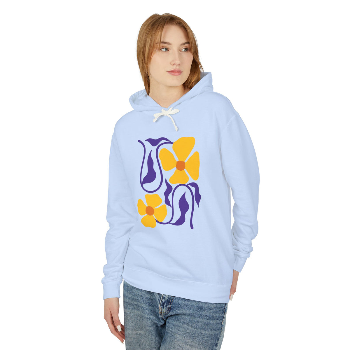 Yellow & Purple 70s-Inspired Flower Design Lightweight Women's Hooded Sweatshirt