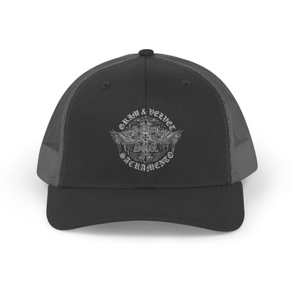 Black Snapback Trucker Cap with Vintage Skull Graphic