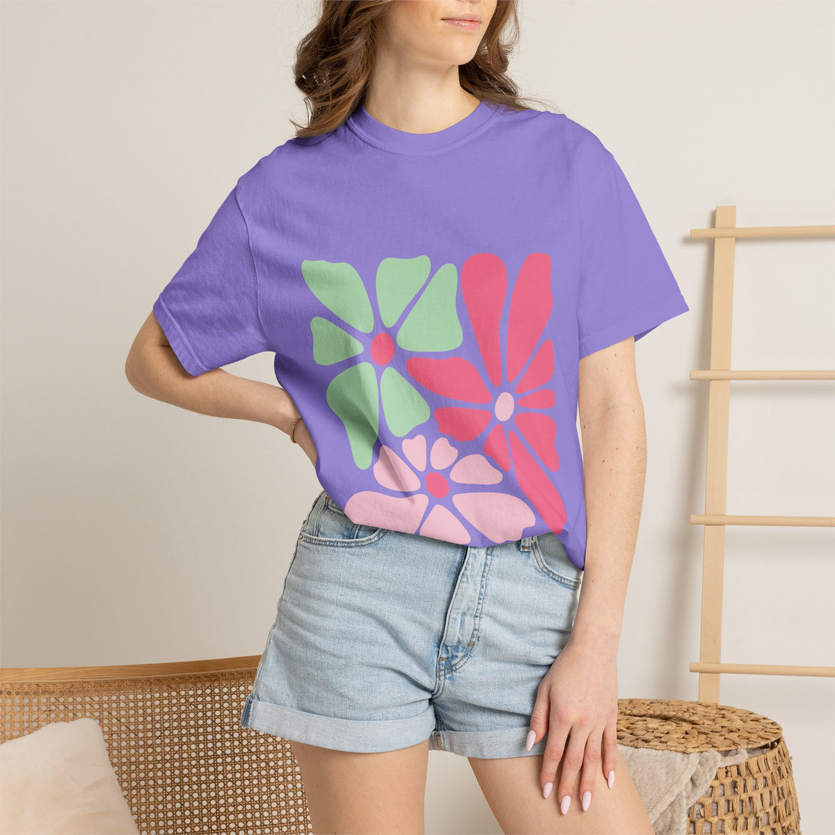 Floral Retro Block Print Garment-Dyed Women's T-Shirt