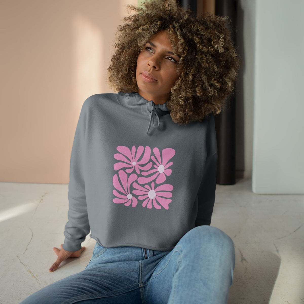 Pink Retro Floral Crop Hoodie