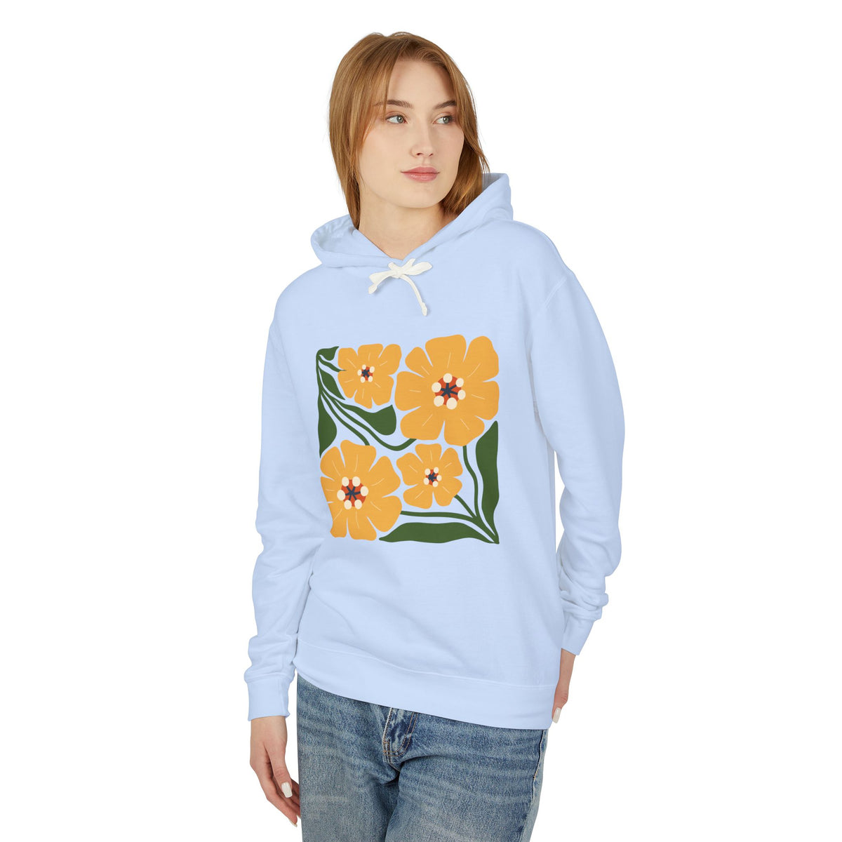 Yellow Blossom Graphic Lightweight Women's Hooded Sweatshirt