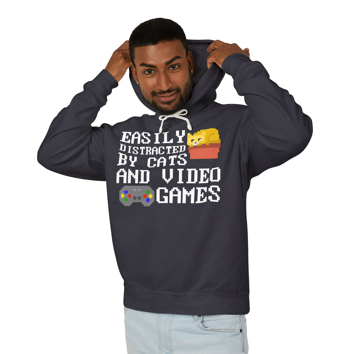 Easily Distracted By Cats And Video Games Lightweight Hooded Sweatshirt
