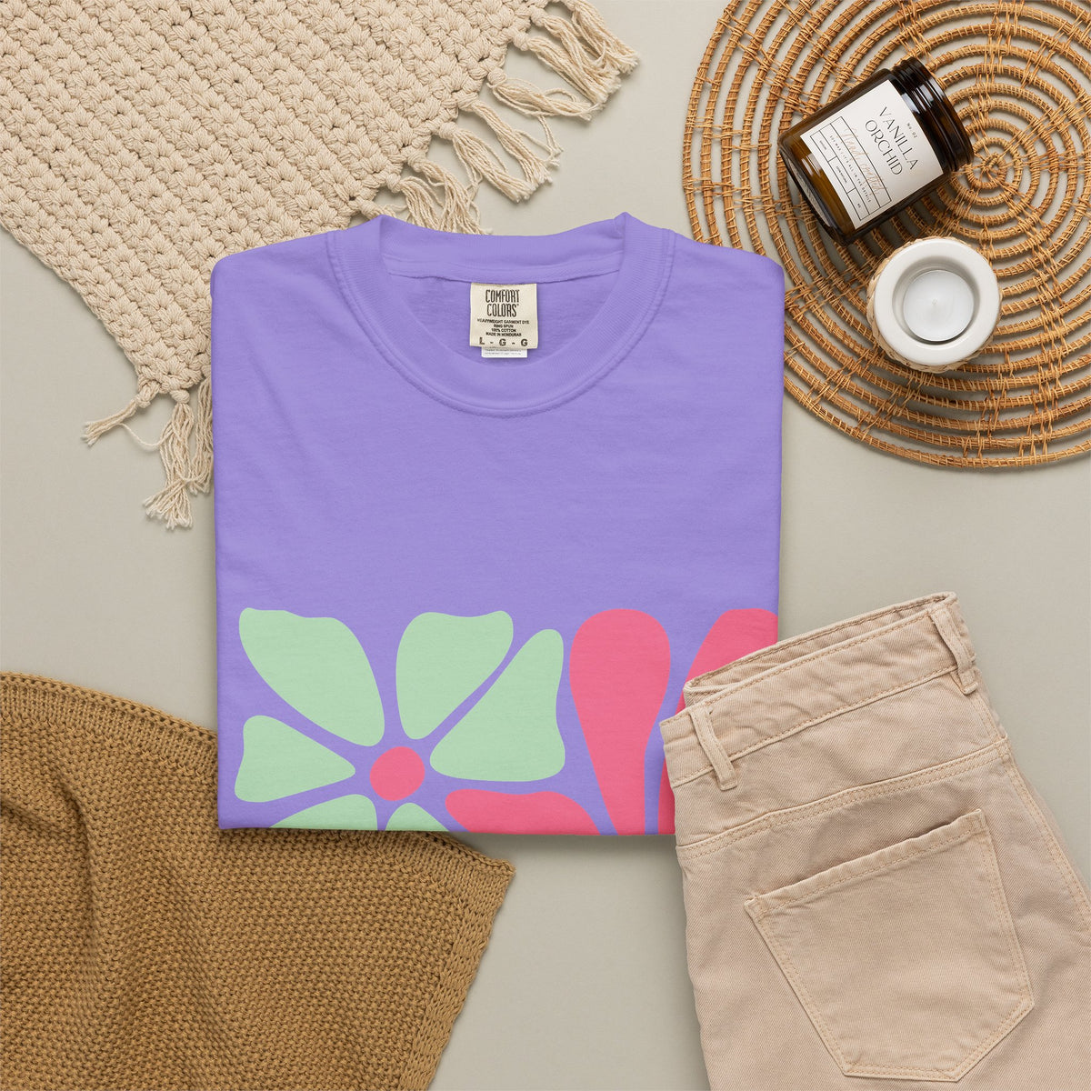 Floral Retro Block Print Garment-Dyed Women's T-Shirt