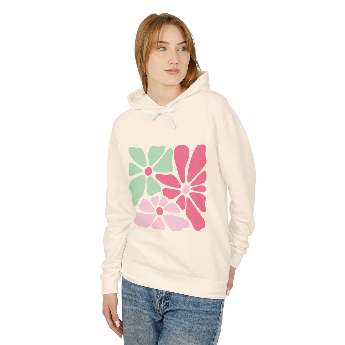 Floral Retro Block Print Lightweight Women's Hooded Sweatshirt