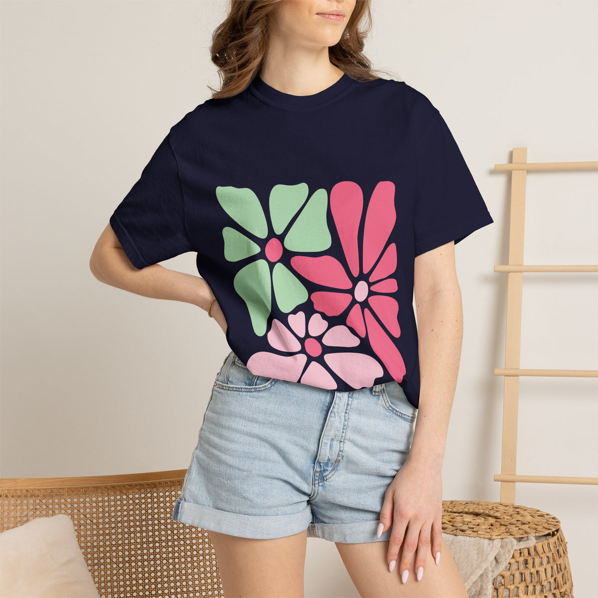 Floral Retro Block Print Garment-Dyed Women's T-Shirt