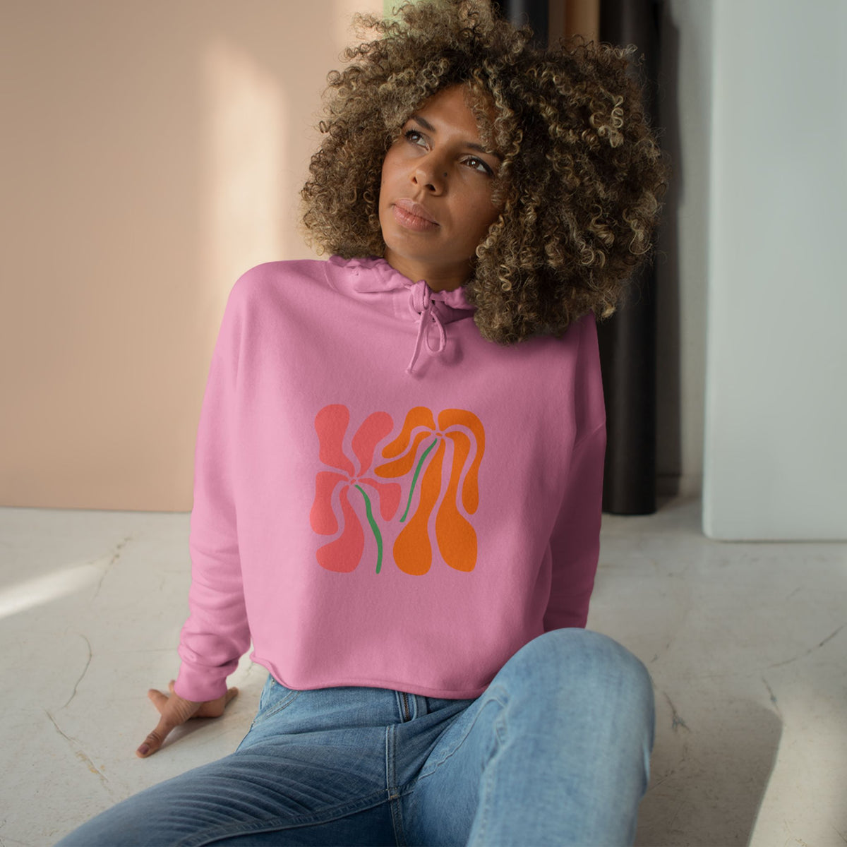 Groovy Pink & Orange Floral Crop Hoodie