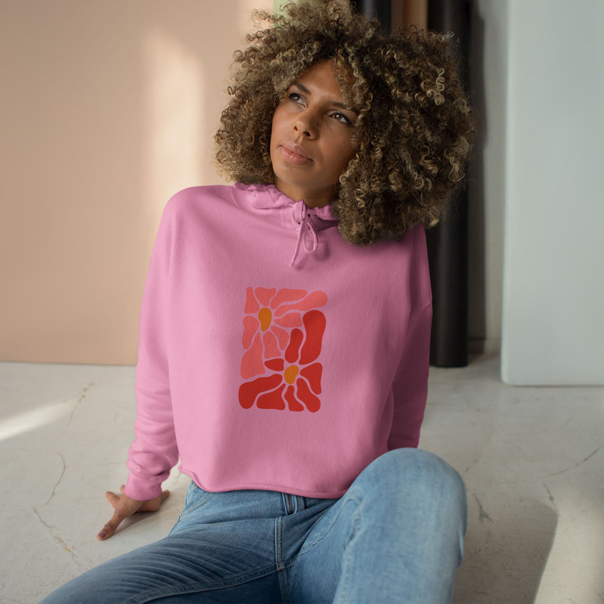 Pink Retro Flower Graphic Crop Hoodie