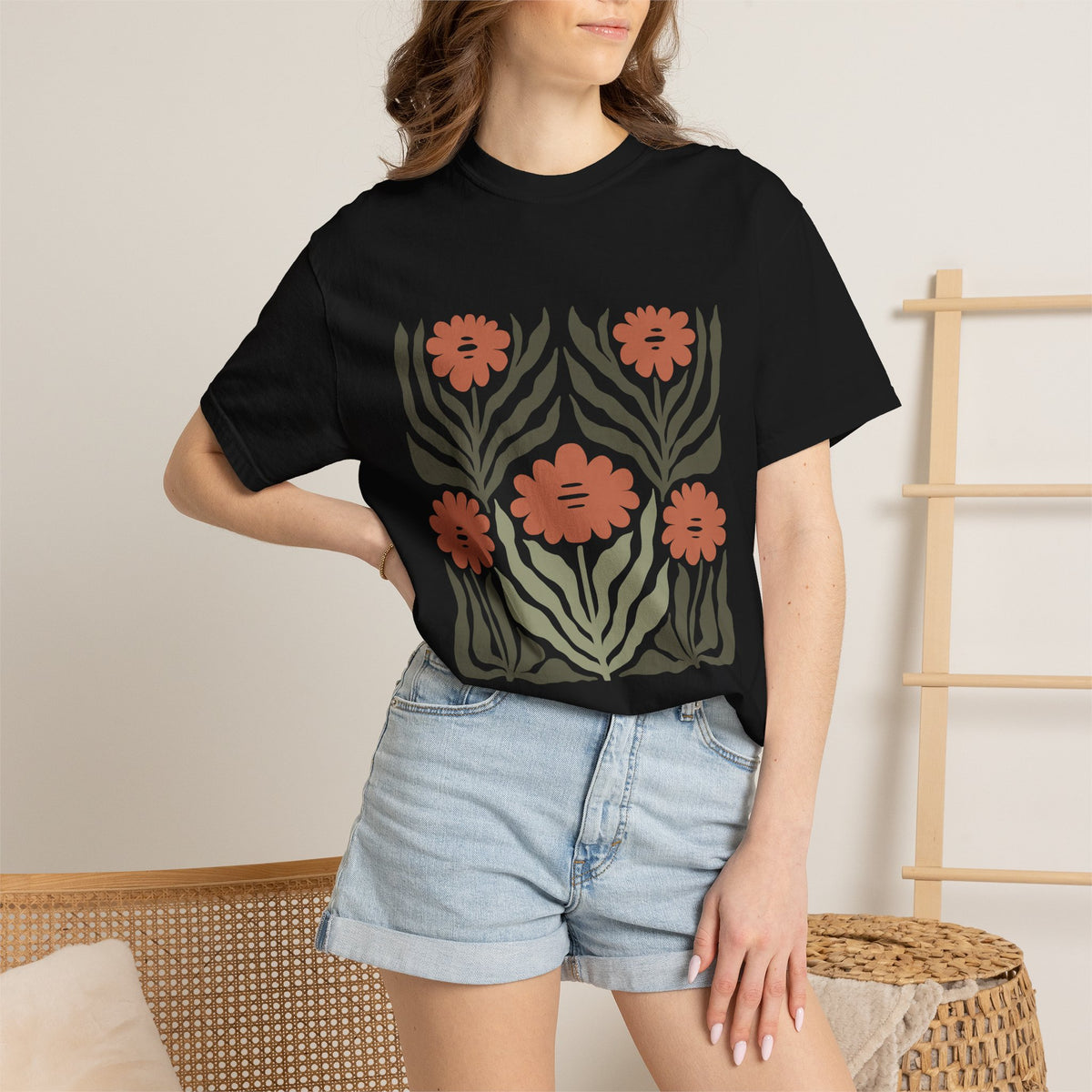 Rustic Flower Print Garment-Dyed Women's T-Shirt