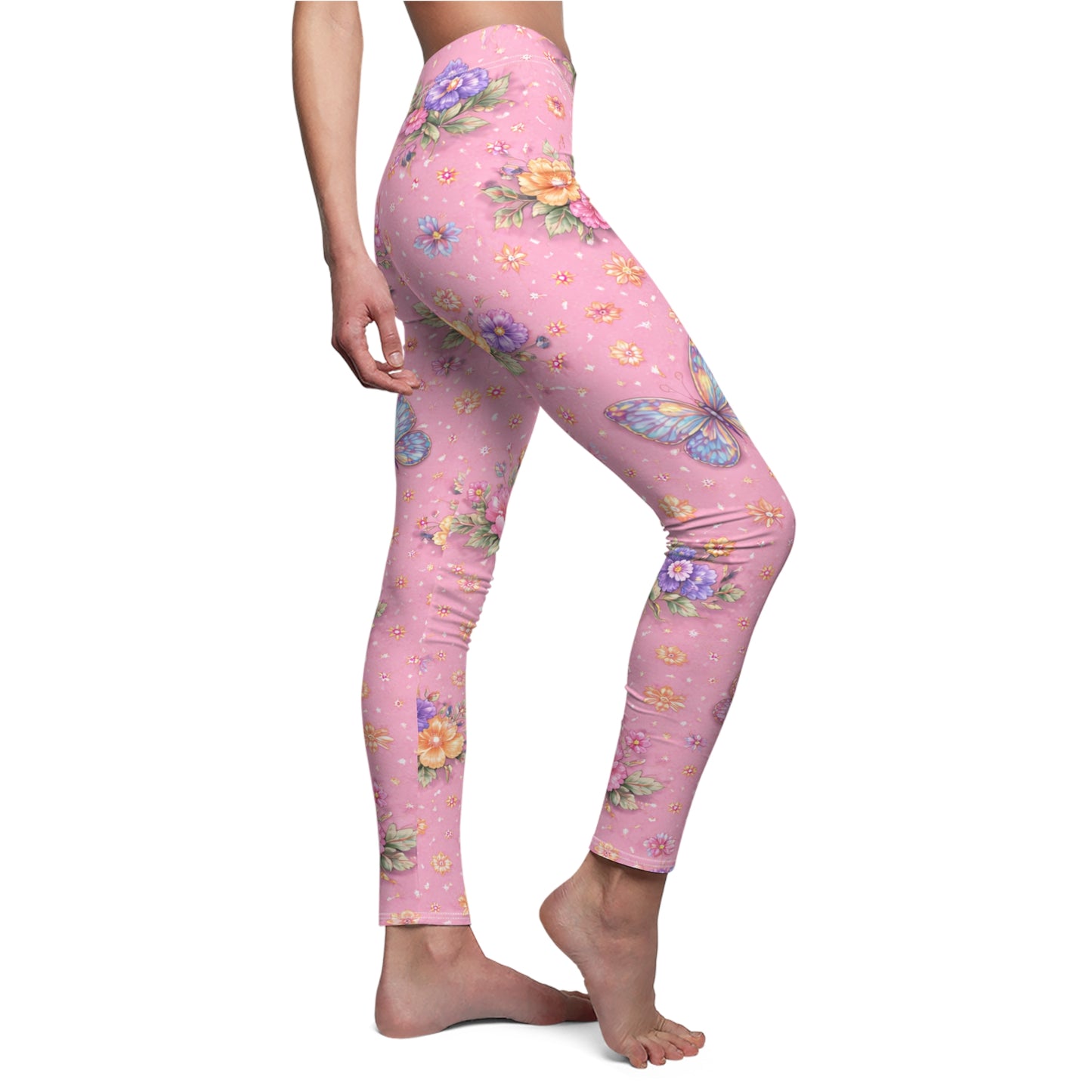 Pink Floral Butterfly Women's Casual Leggings