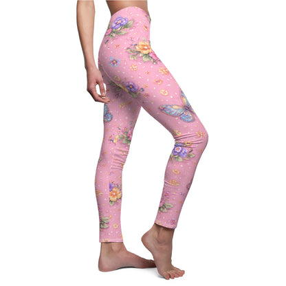 Pink Floral Butterfly Women's Casual Leggings
