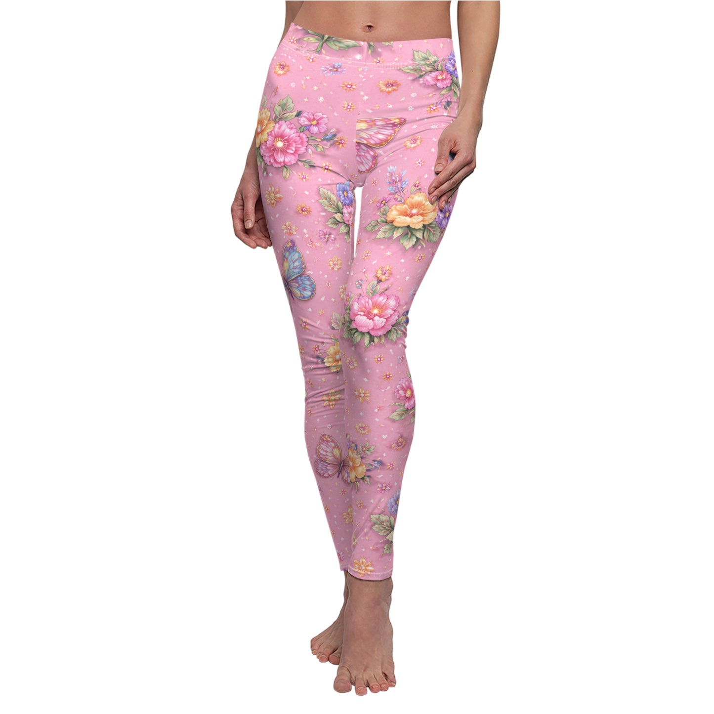 Pink Floral Butterfly Women's Casual Leggings