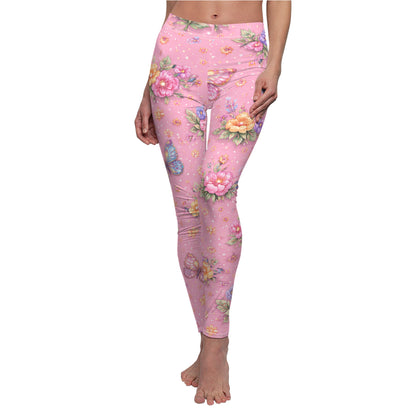 Pink Floral Butterfly Women's Casual Leggings