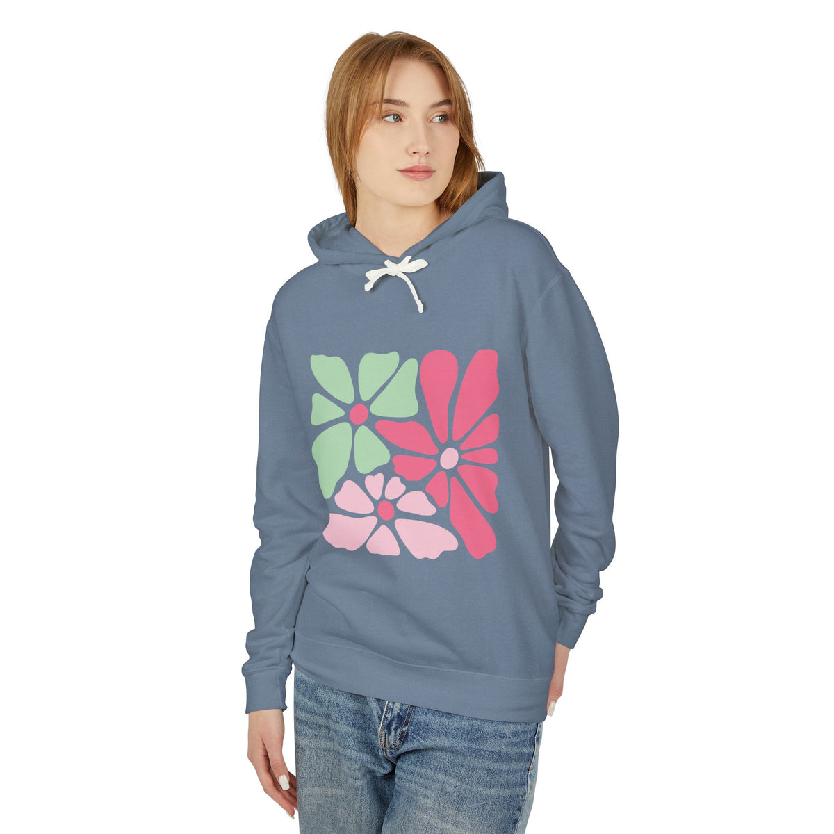 Floral Retro Block Print Lightweight Women's Hooded Sweatshirt