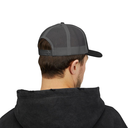 Black Snapback Trucker Cap with Vintage Skull Graphic