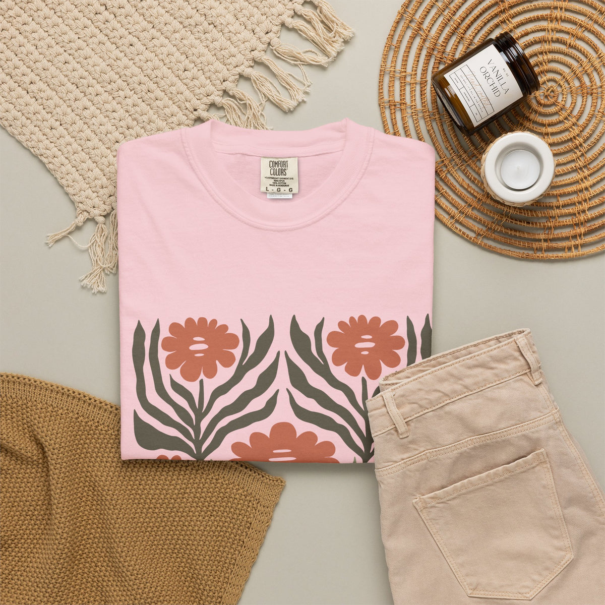 Rustic Flower Print Garment-Dyed Women's T-Shirt