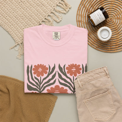 Rustic Flower Print Garment-Dyed Women's T-Shirt