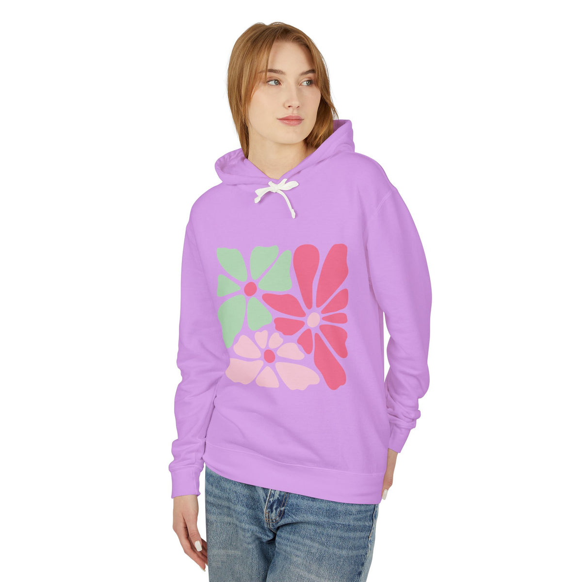 Floral Retro Block Print Lightweight Women's Hooded Sweatshirt