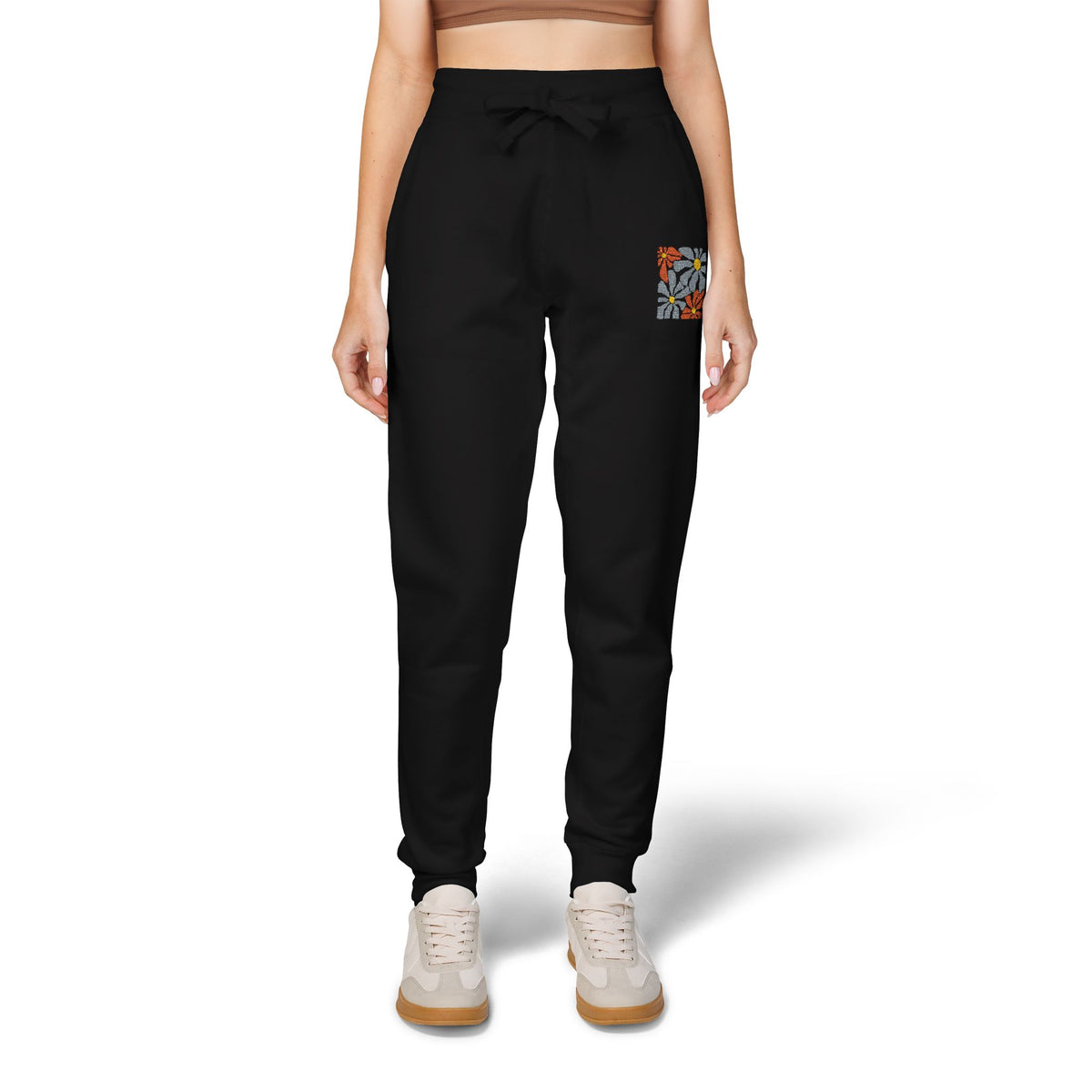 Retro Pink Daisy Graphic Embroidered Women's Fleece Sweatpants