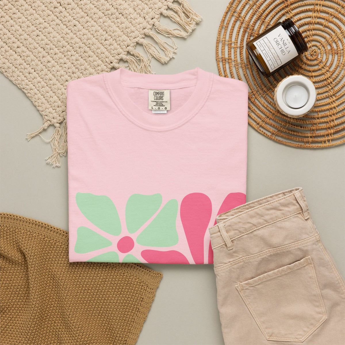 Floral Retro Block Print Garment-Dyed Women's T-Shirt