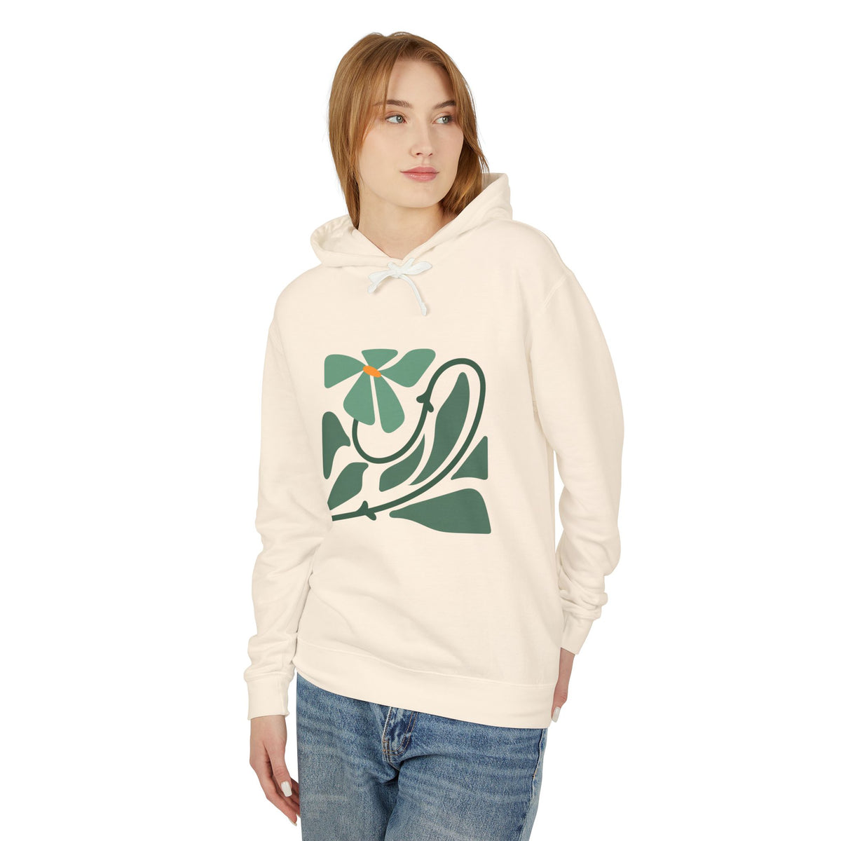 Green Minimalist Floral Design Lightweight Women's Hooded Sweatshirt