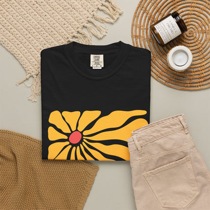 Minimal Yellow Floral Graphic Garment-Dyed Women's T-Shirt