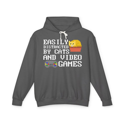 Easily Distracted By Cats And Video Games Lightweight Hooded Sweatshirt
