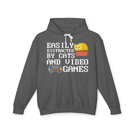 Easily Distracted By Cats And Video Games Lightweight Hooded Sweatshirt