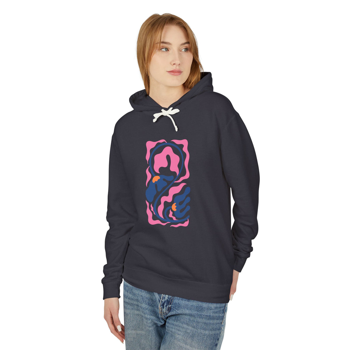 Pink Nautical Wave Graphic Lightweight Women's Hooded Sweatshirt