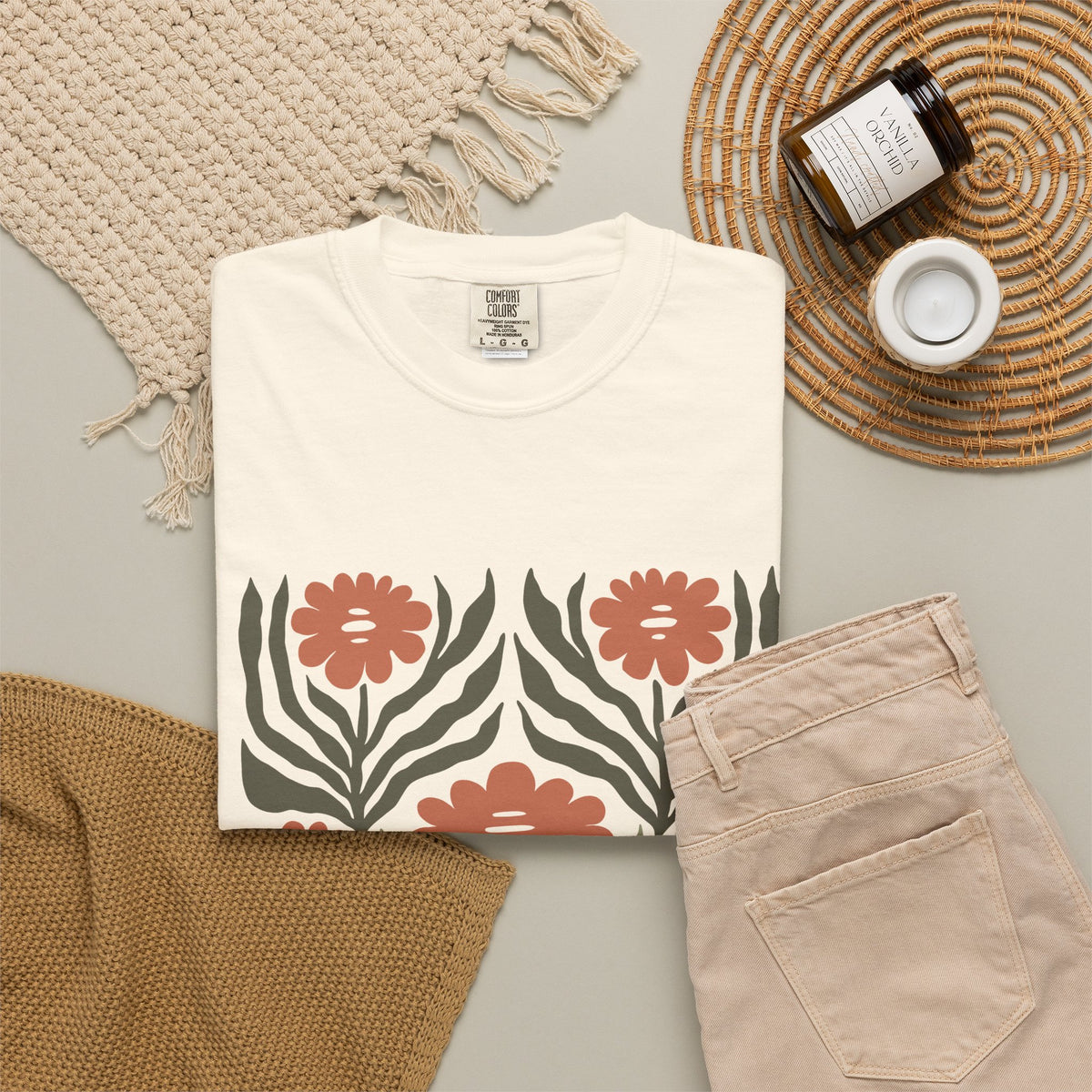 Rustic Flower Print Garment-Dyed Women's T-Shirt