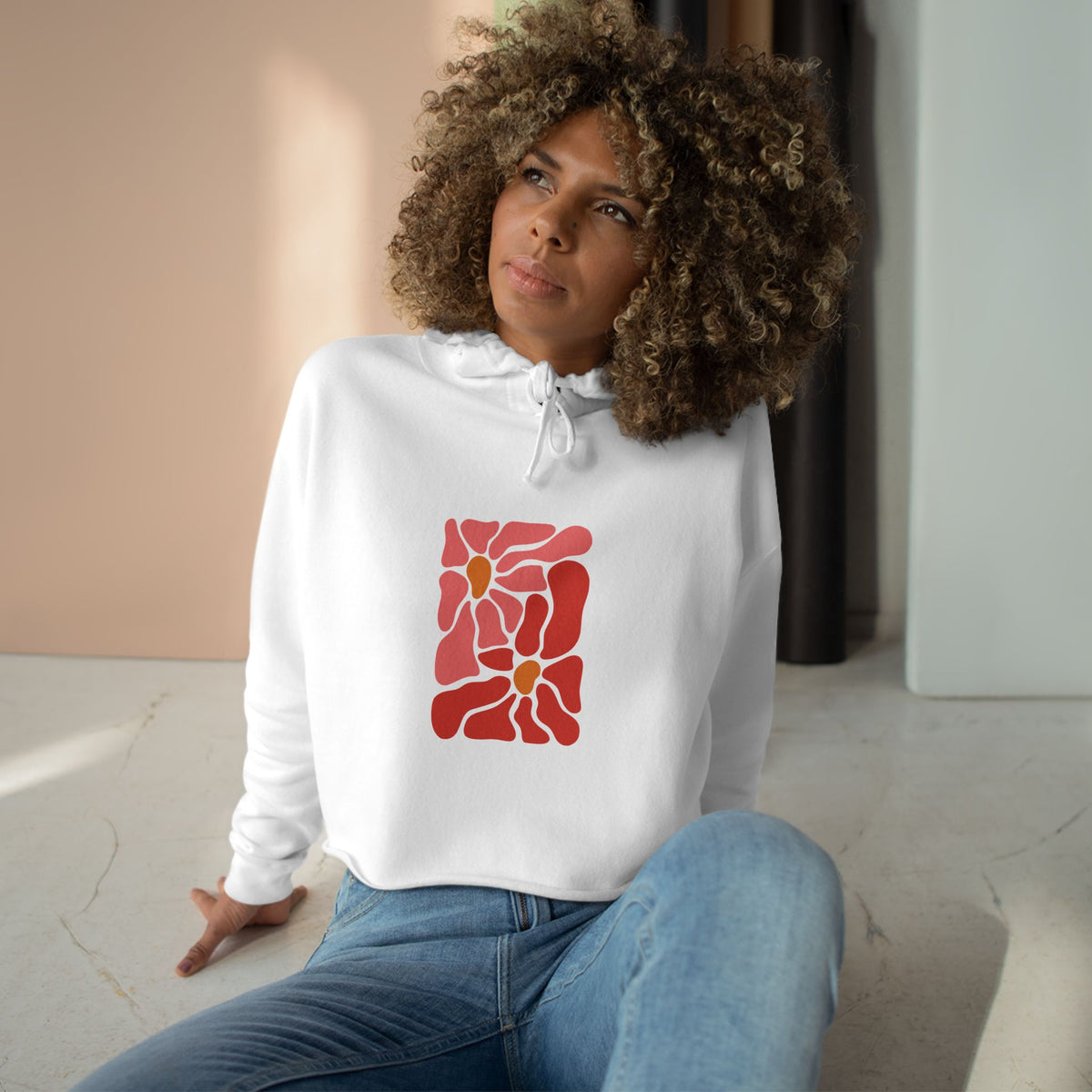 Pink Retro Flower Graphic Crop Hoodie