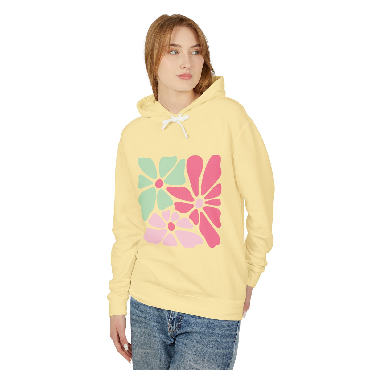 Floral Retro Block Print Lightweight Women's Hooded Sweatshirt