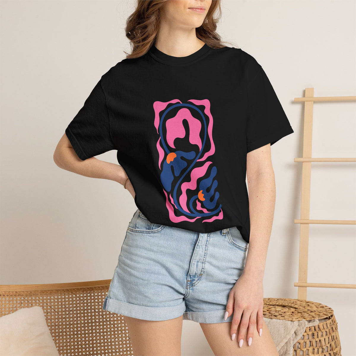 Pink Nautical Wave Graphic Garment-Dyed Women's T-Shirt