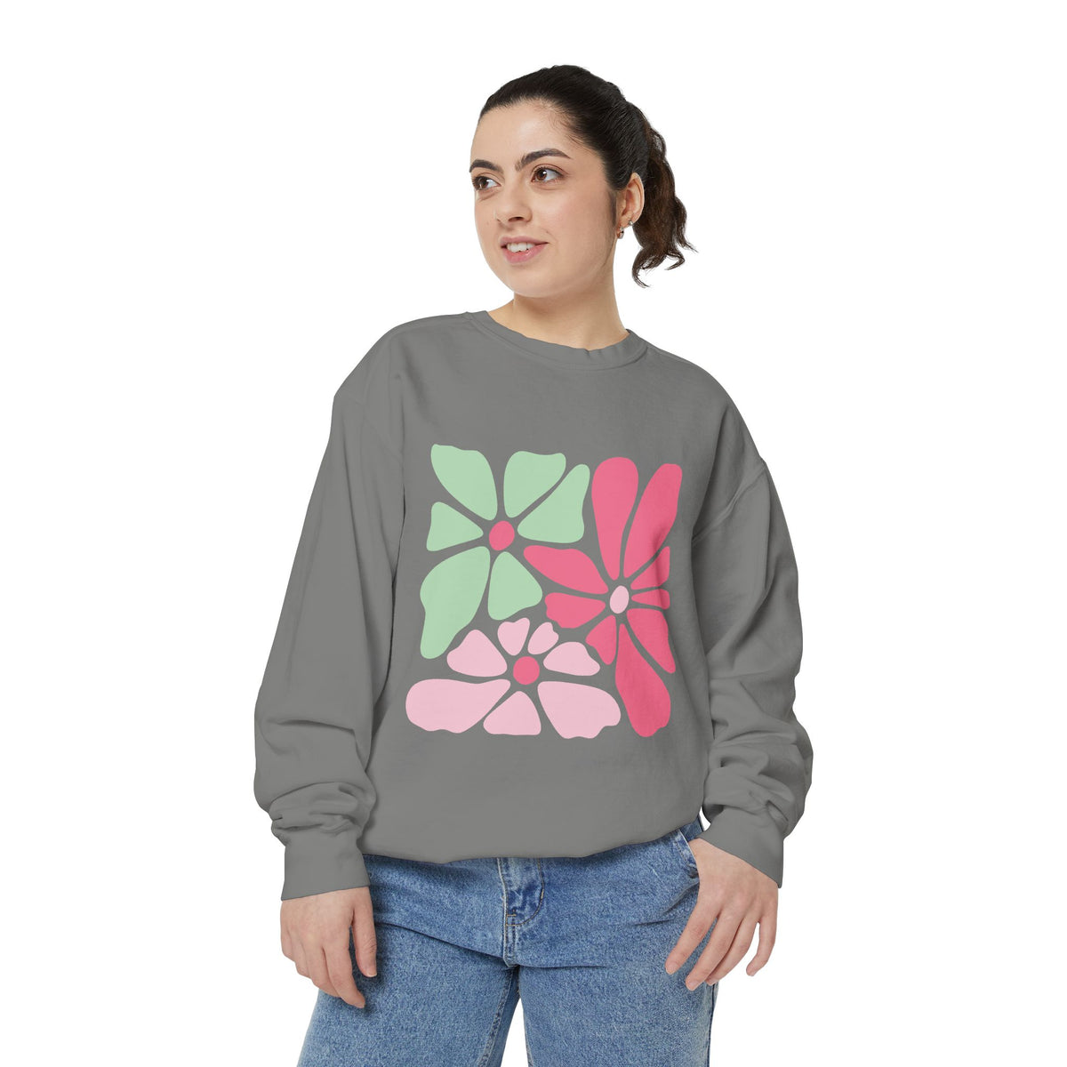 Floral Retro Block Print Garment-Dyed Women's Sweatshirt