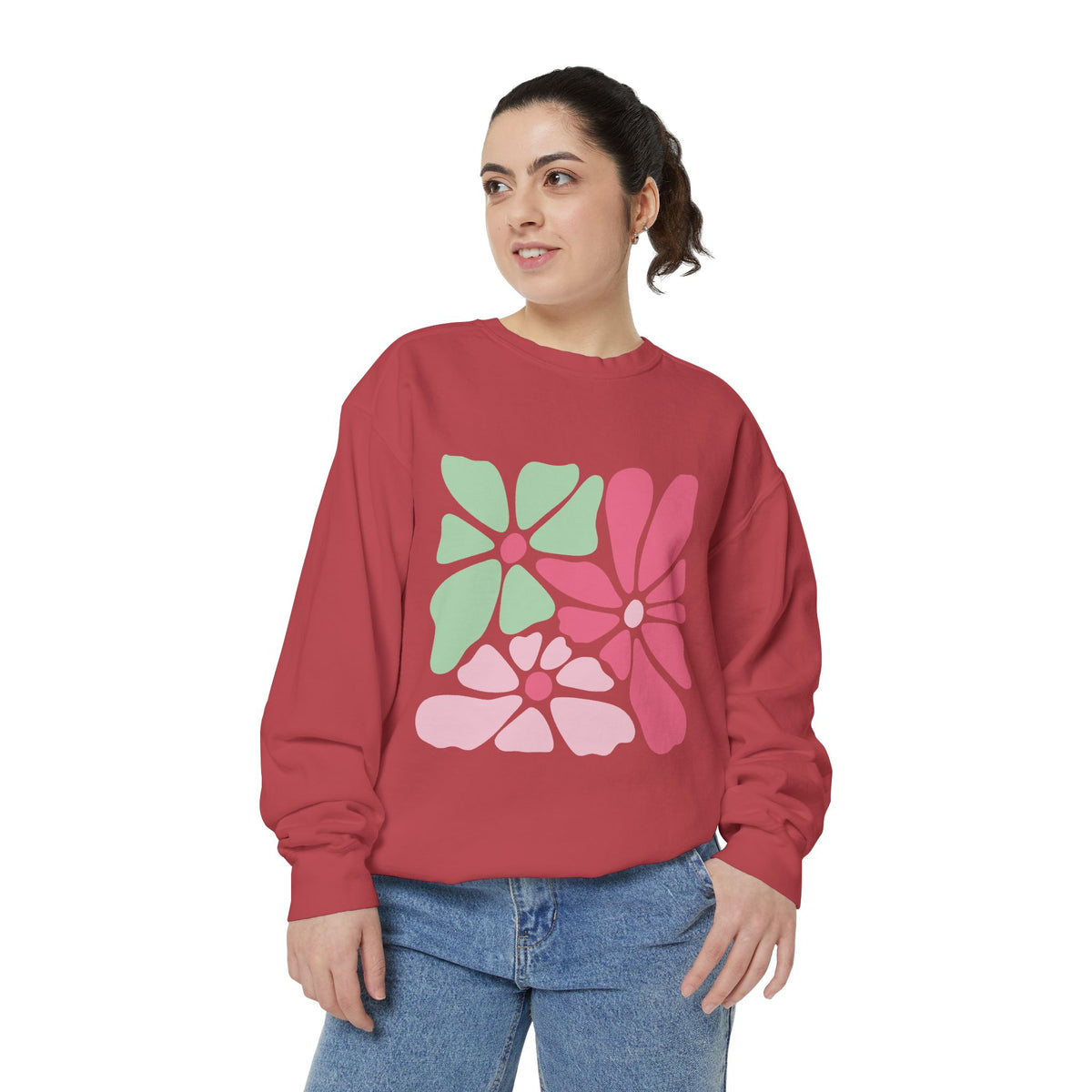Floral Retro Block Print Garment-Dyed Women's Sweatshirt