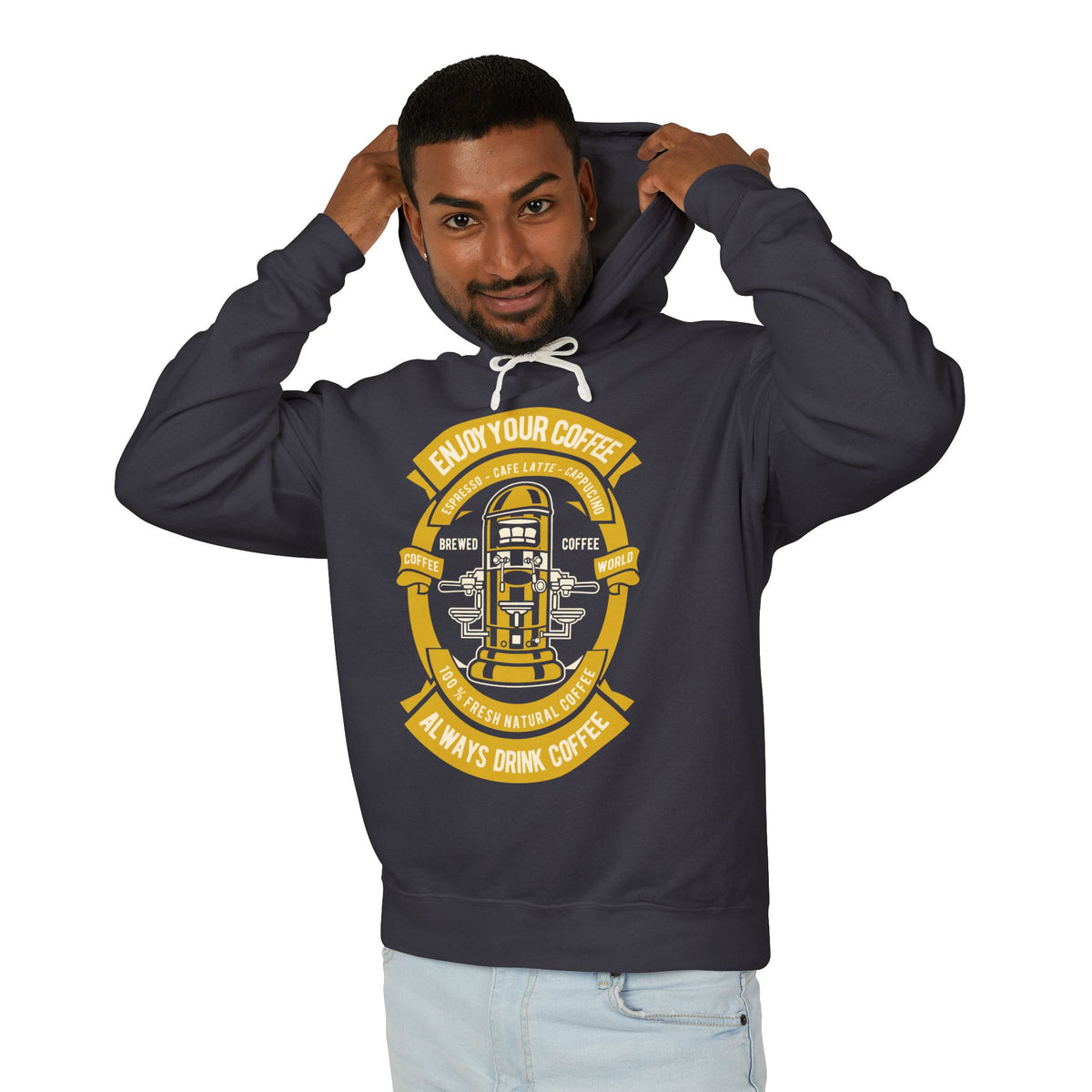 "Enjoy Your Coffee" Retro Espresso Machine Lightweight Hooded Sweatshirt