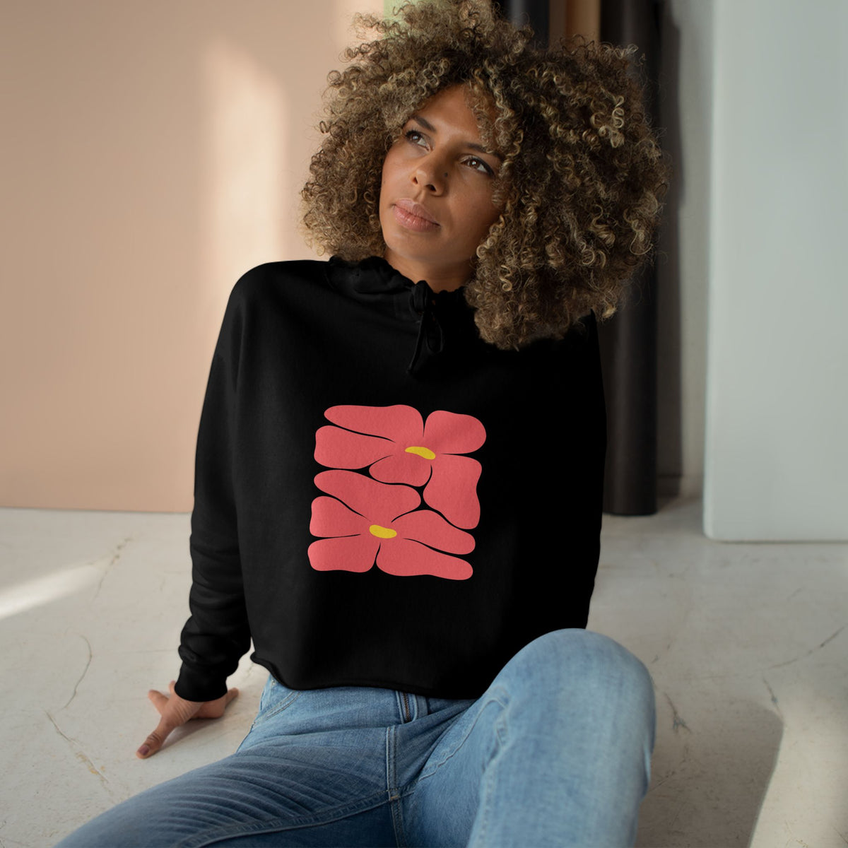 Pink Retro Flowers Graphic Crop Hoodie