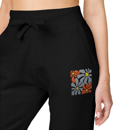 Retro Pink Daisy Graphic Embroidered Women's Fleece Sweatpants