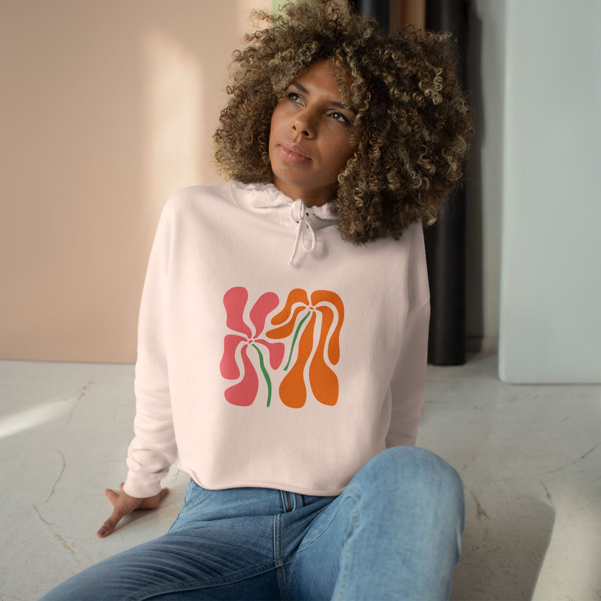 Groovy Pink & Orange Floral Crop Hoodie