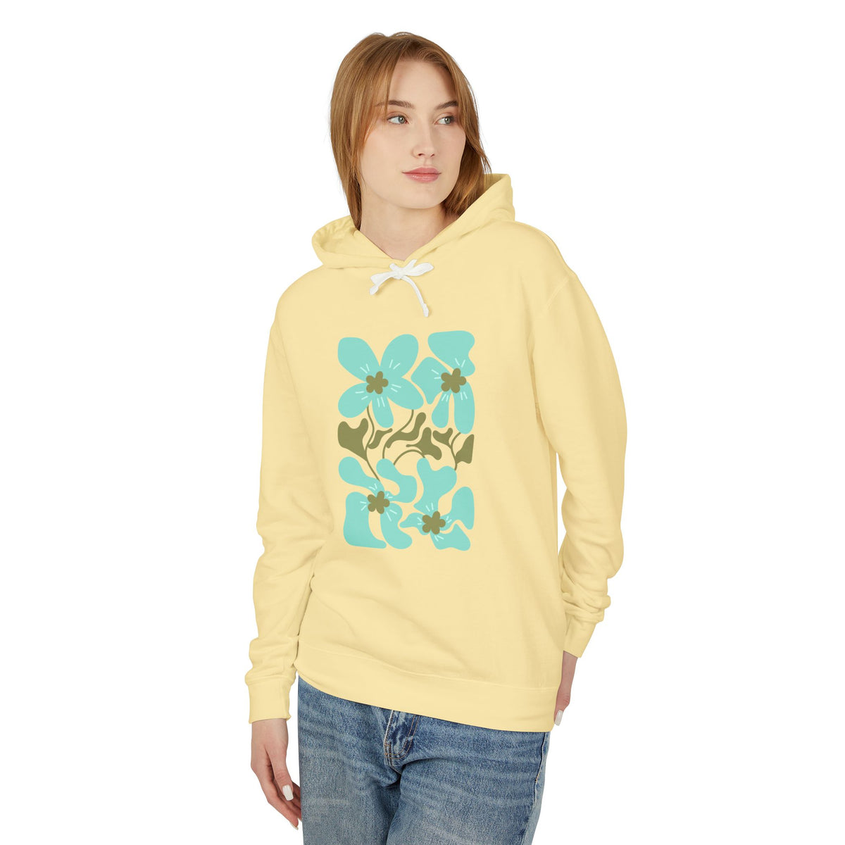 Teal Flower Graphic Lightweight Women's Hooded Sweatshirt