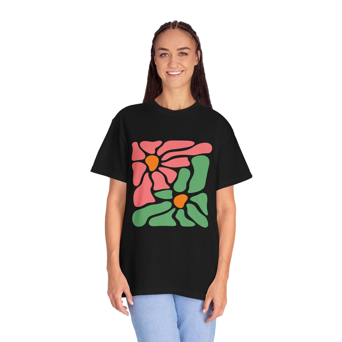 Abstract Pink & Green Flower Garment-Dyed Women's T-Shirt