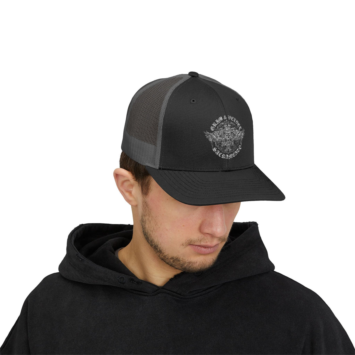 Black Snapback Trucker Cap with Vintage Skull Graphic