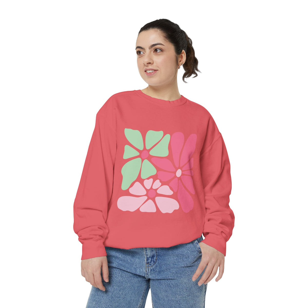Floral Retro Block Print Garment-Dyed Women's Sweatshirt