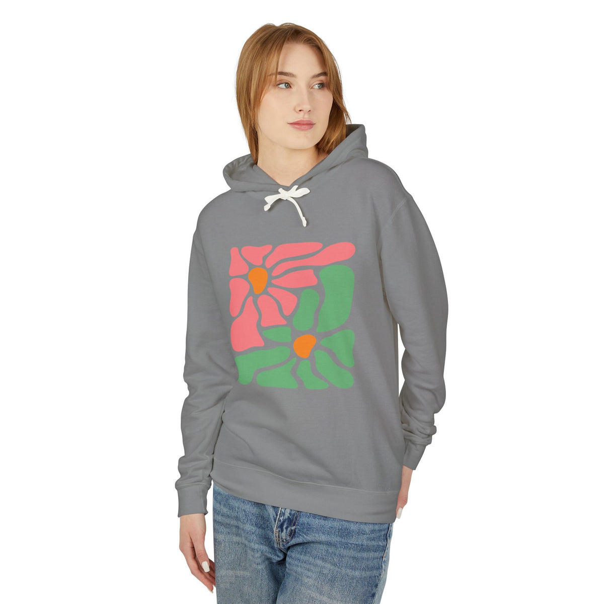 Abstract Pink & Green Flower Lightweight Women's Hooded Sweatshirt