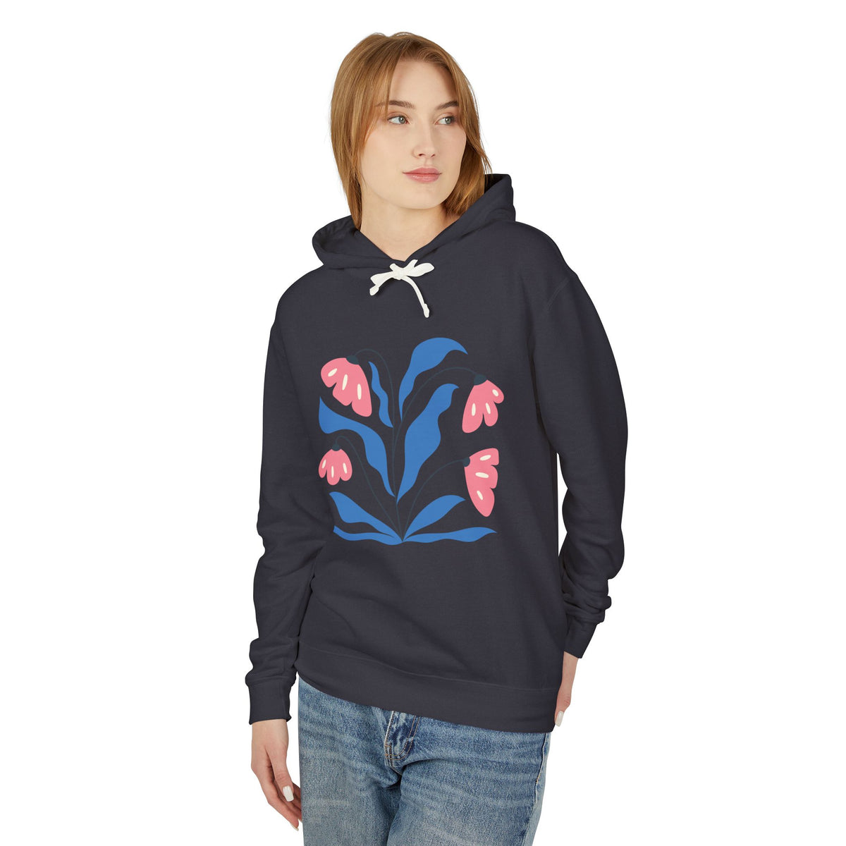 Pink & Blue Botanical Graphic Lightweight Women's Hooded Sweatshirt