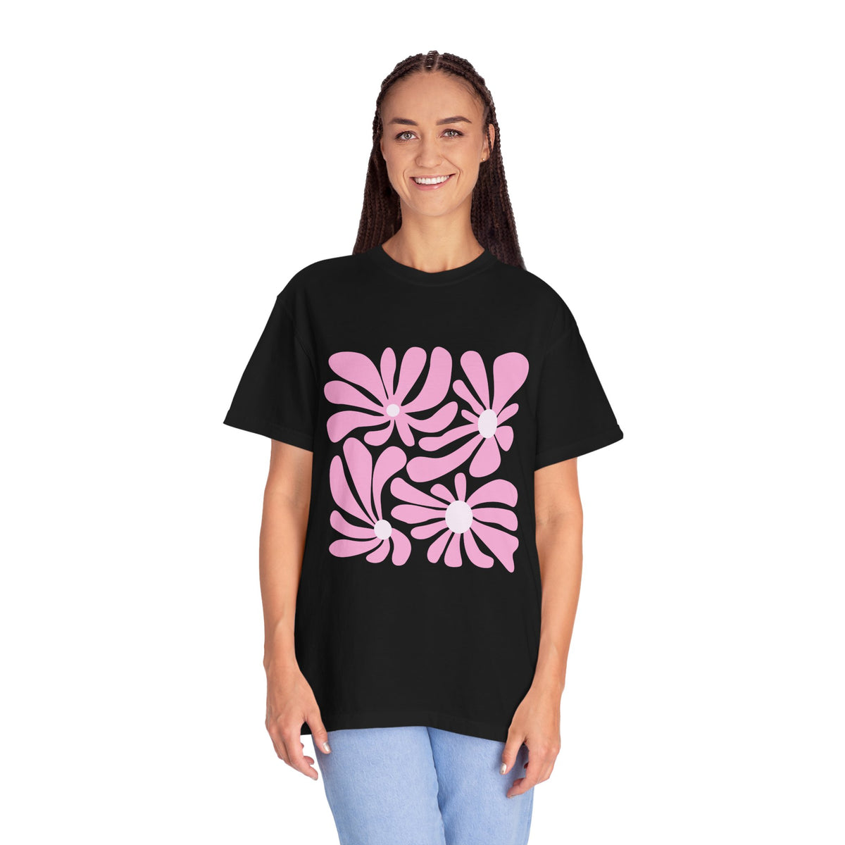 Pink Retro Floral Garment-Dyed Women's T-Shirt