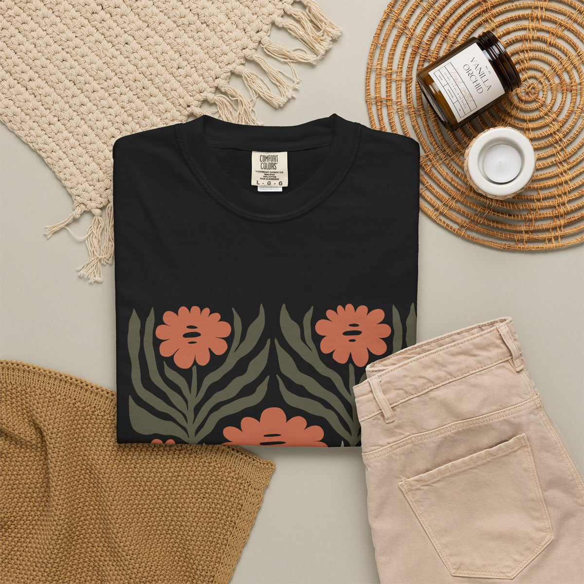 Rustic Flower Print Garment-Dyed Women's T-Shirt