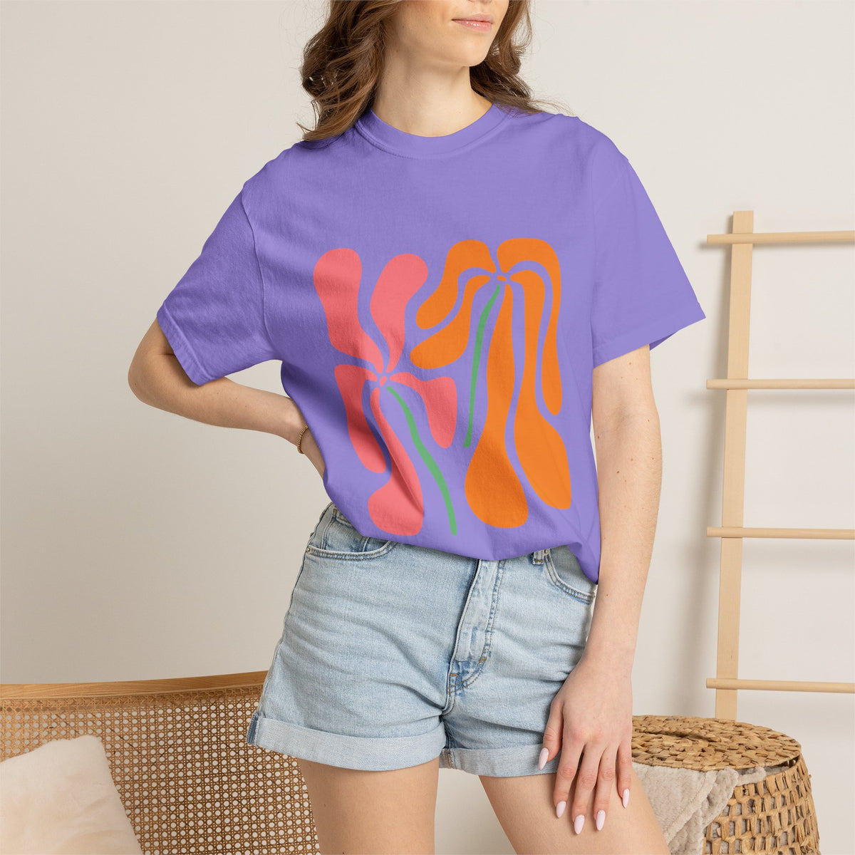 Groovy Pink & Orange Floral Garment-Dyed Women's T-Shirt