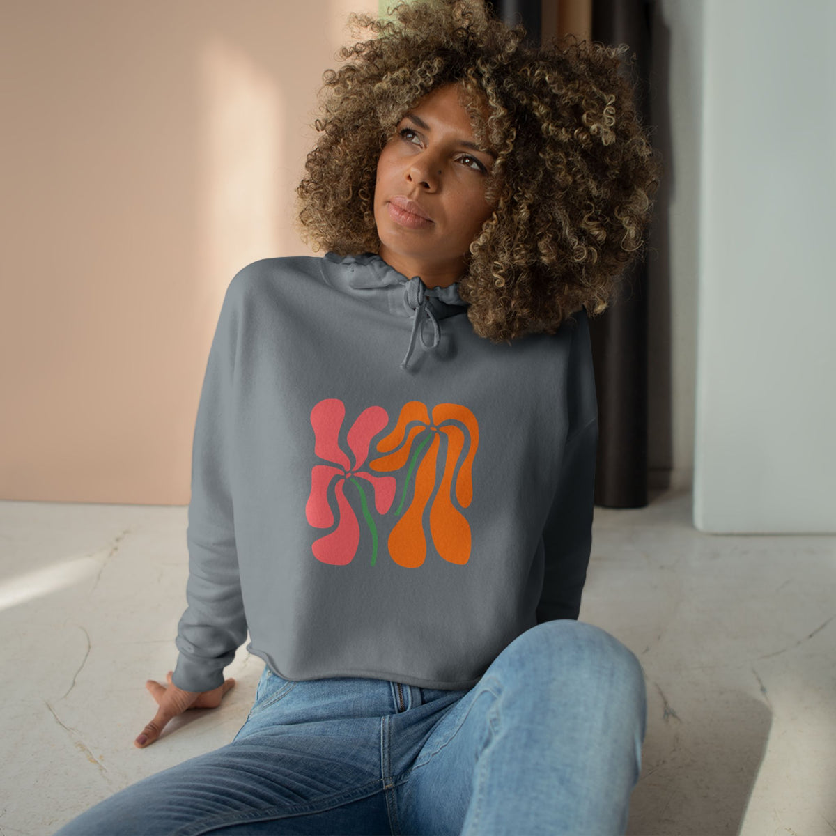 Groovy Pink & Orange Floral Crop Hoodie